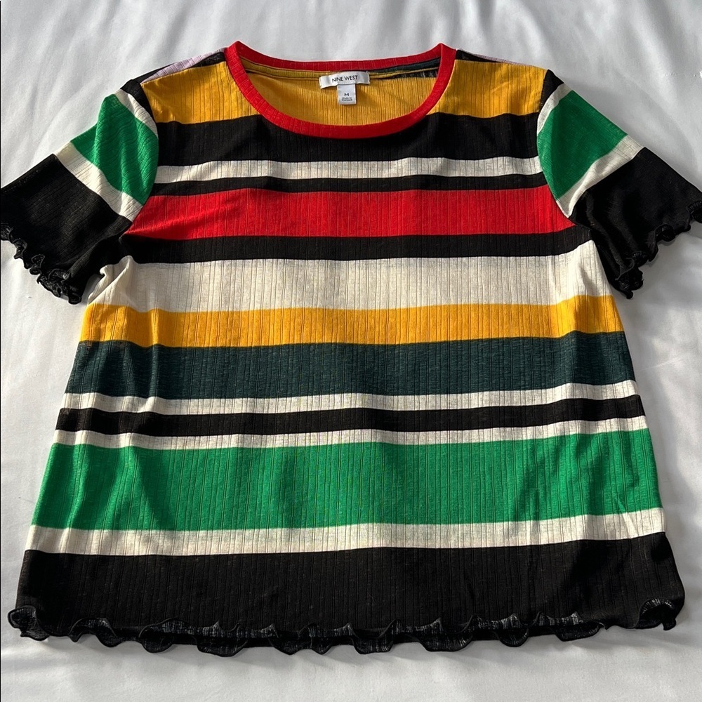 Nine West Striped Lettuce Edge Short Sleeve Top